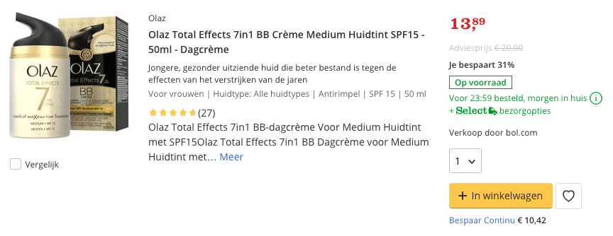 Beste top 5 Olaz Total Effects 7in1 BB Crème Medium Huidtint SPF15 - 50ml - Dagcrème review
