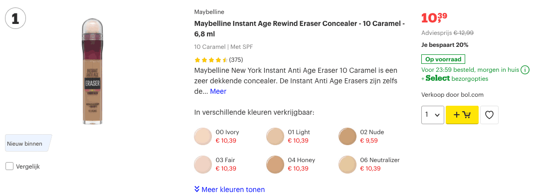 Beste concealers? De beste manier om je wallen snel weg te werken! 1 Top 1 Maybelline Instant Age Rewind Eraser Concealer - 10 Caramel - 6,8 ml reviews